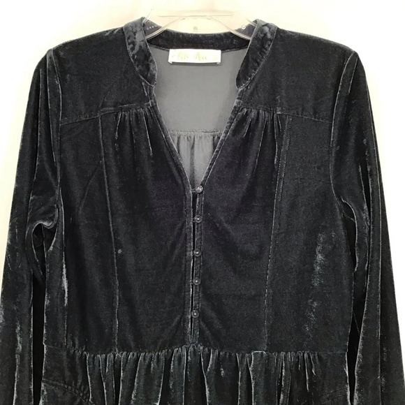 Elle Rae Velvet Shirt Dress Button-Up Stand Collar Midi Green Dress Size S - Picture 2 of 8